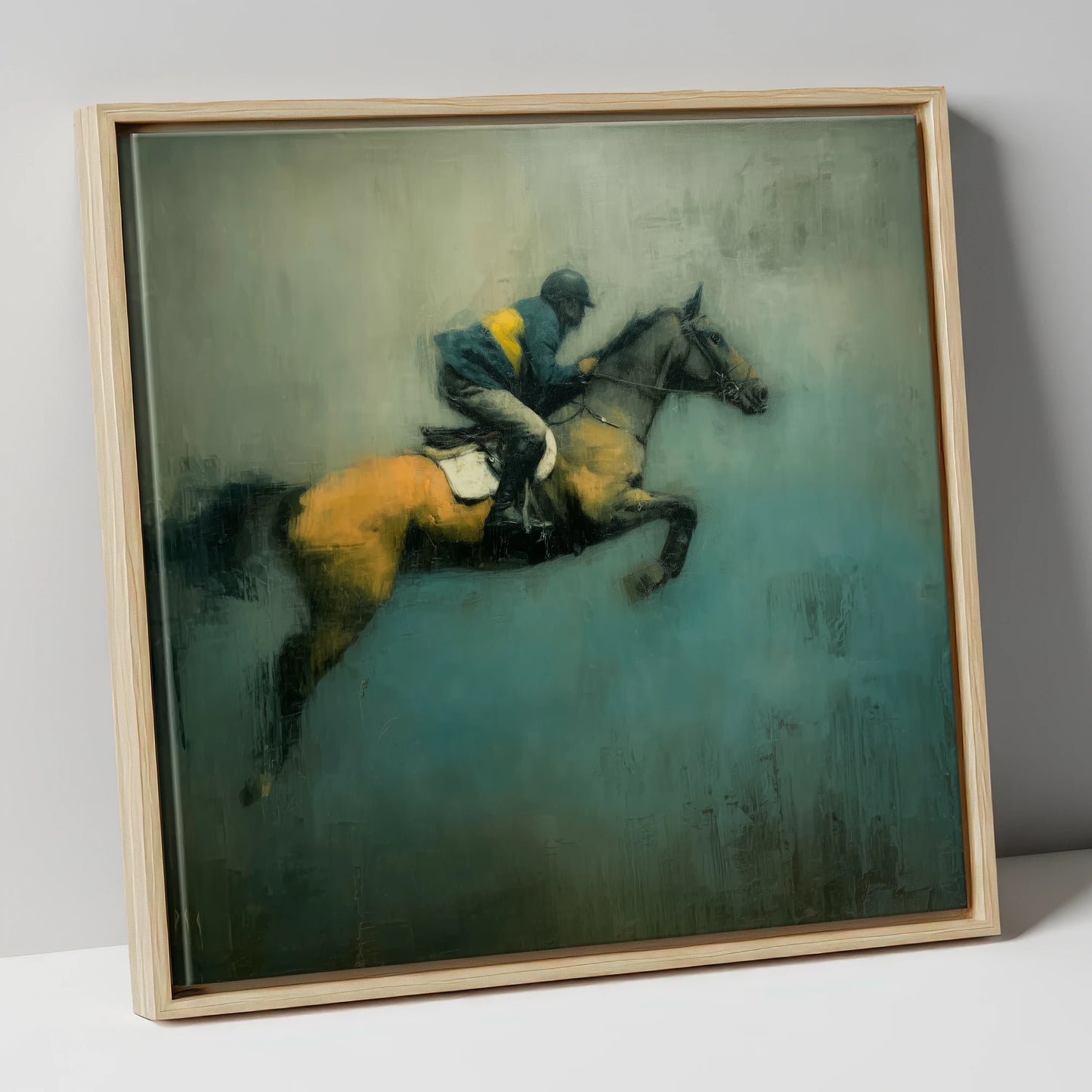Suspended Momentum show jumping horse canvas wall art in natural frame