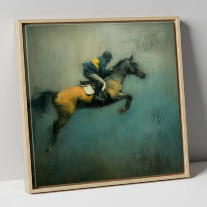 Suspended Momentum show jumping horse canvas wall art in natural frame
