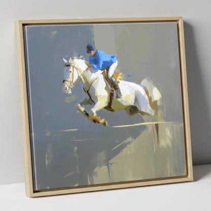 Suspension in Slate show jumping horse canvas wall art in natural frame