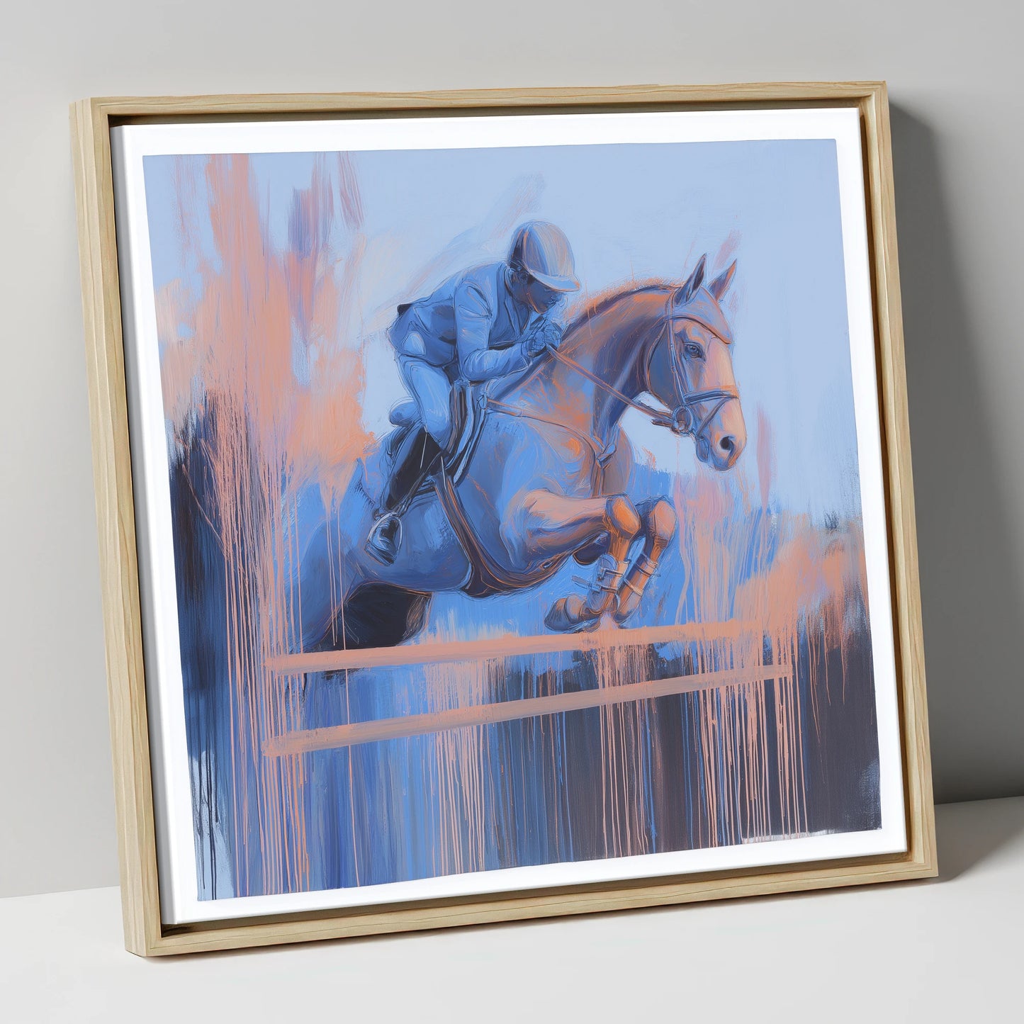 Momentum in Blue and Peach show jumping horse canvas wall art in natural frame