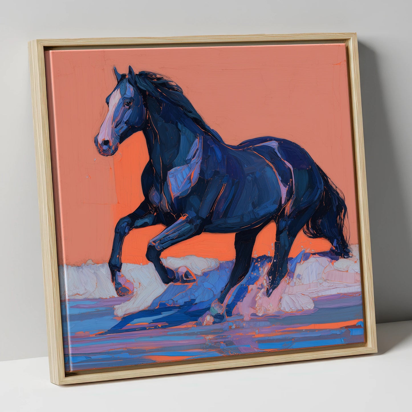 Indigo Surf Canter beach horse canvas wall art in natural frame