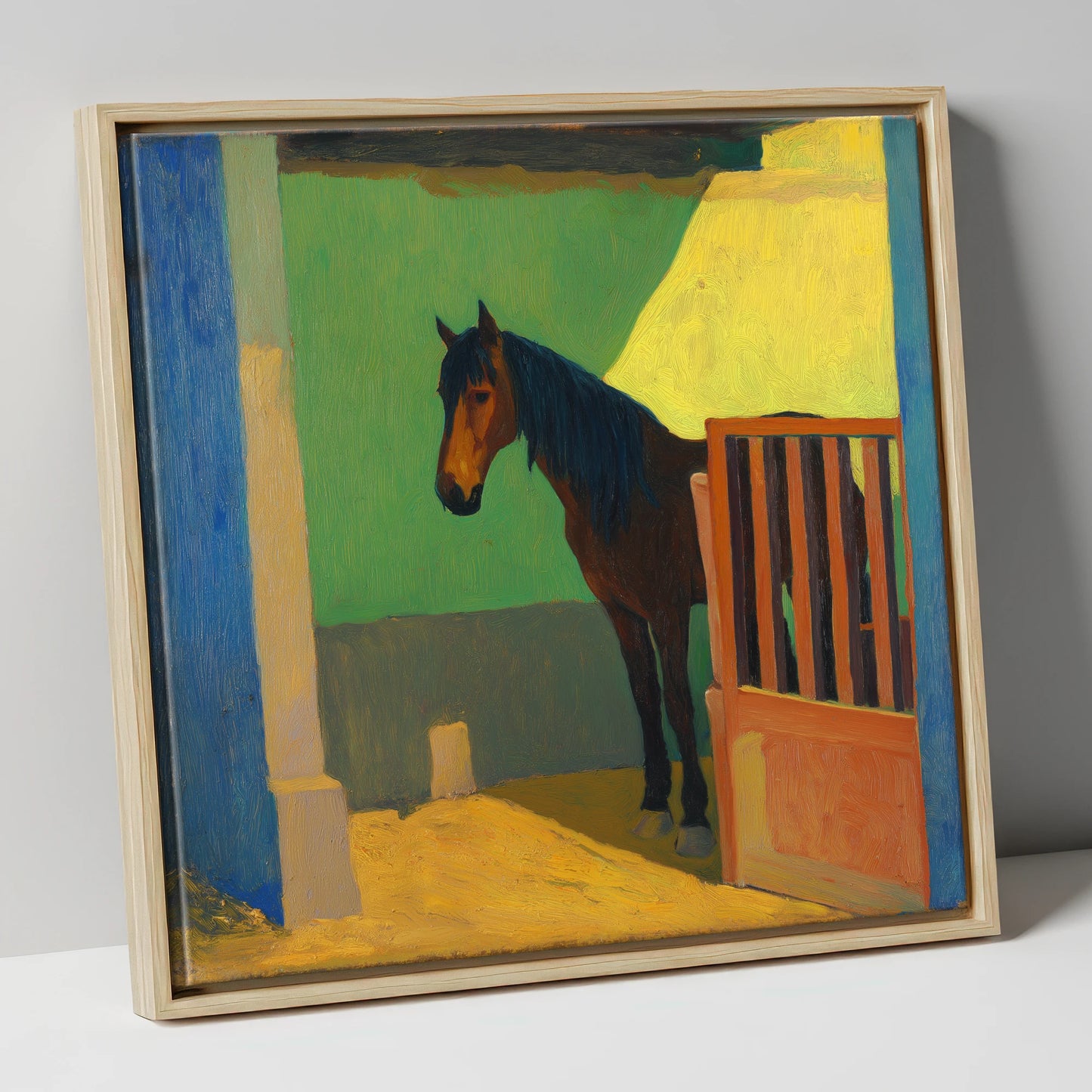 Vibrant Stable Light horse stable canvas wall art in natural frame