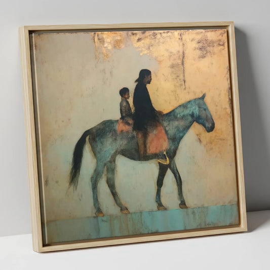 Timeless Golden Journey horse & rider canvas wall art in natural frame