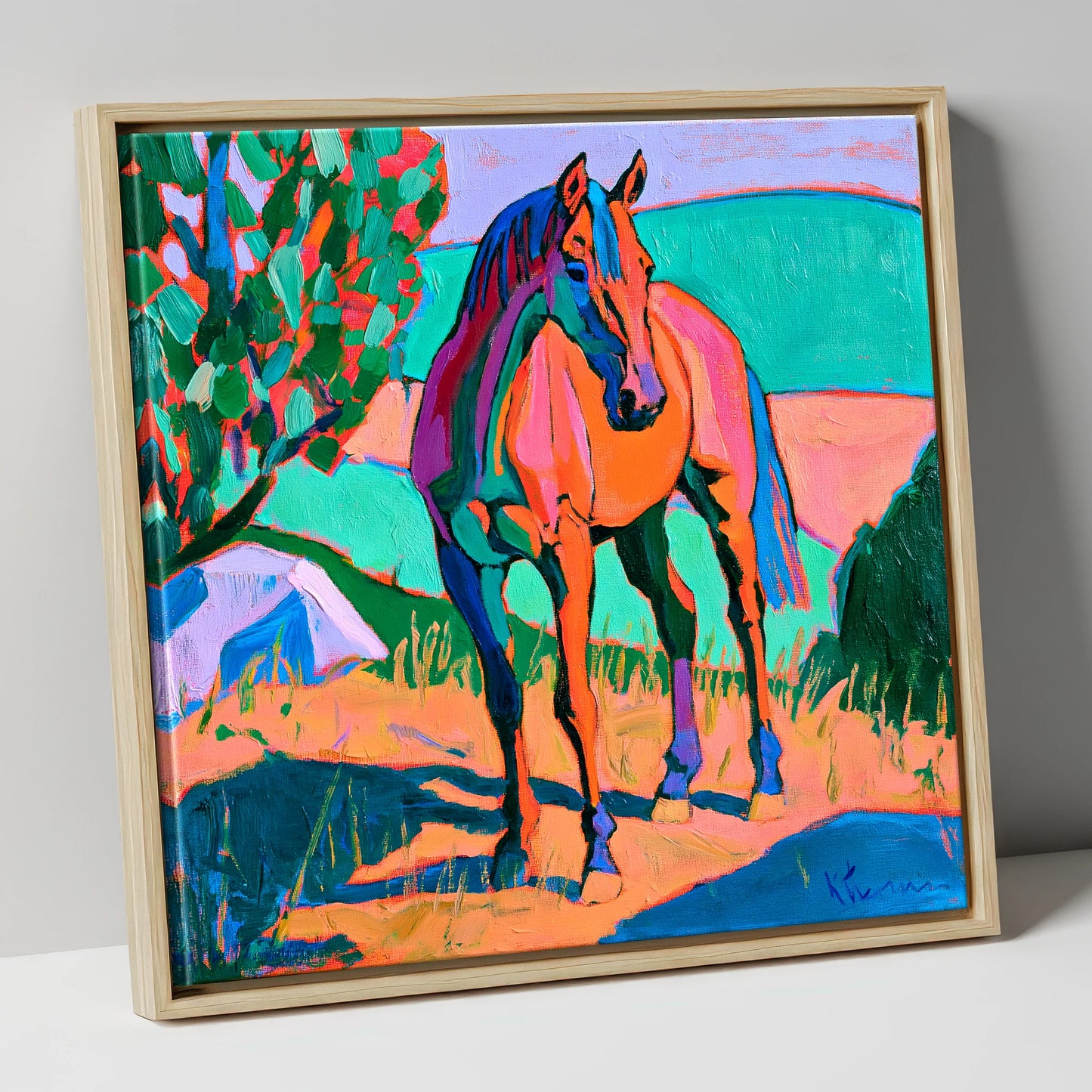 Vibrant Orange Standing Horse horse breed canvas wall art in natural frame