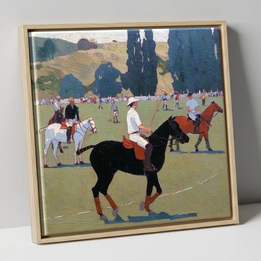 Midsummer Polo Pause polo horse canvas wall art in natural frame