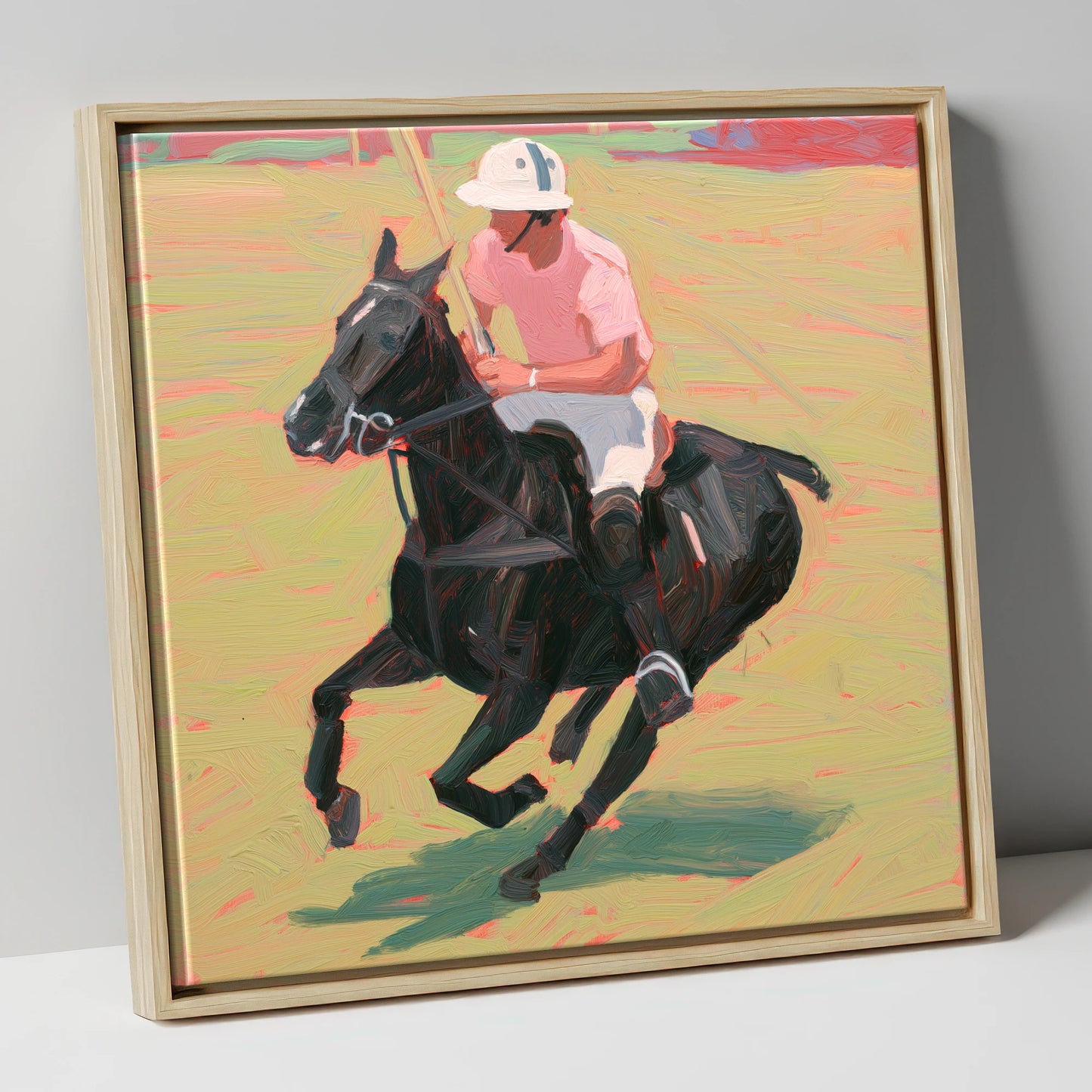 The Pink Chukka polo horse canvas wall art in natural frame