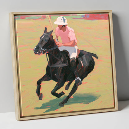 The Pink Chukka polo horse canvas wall art in natural frame