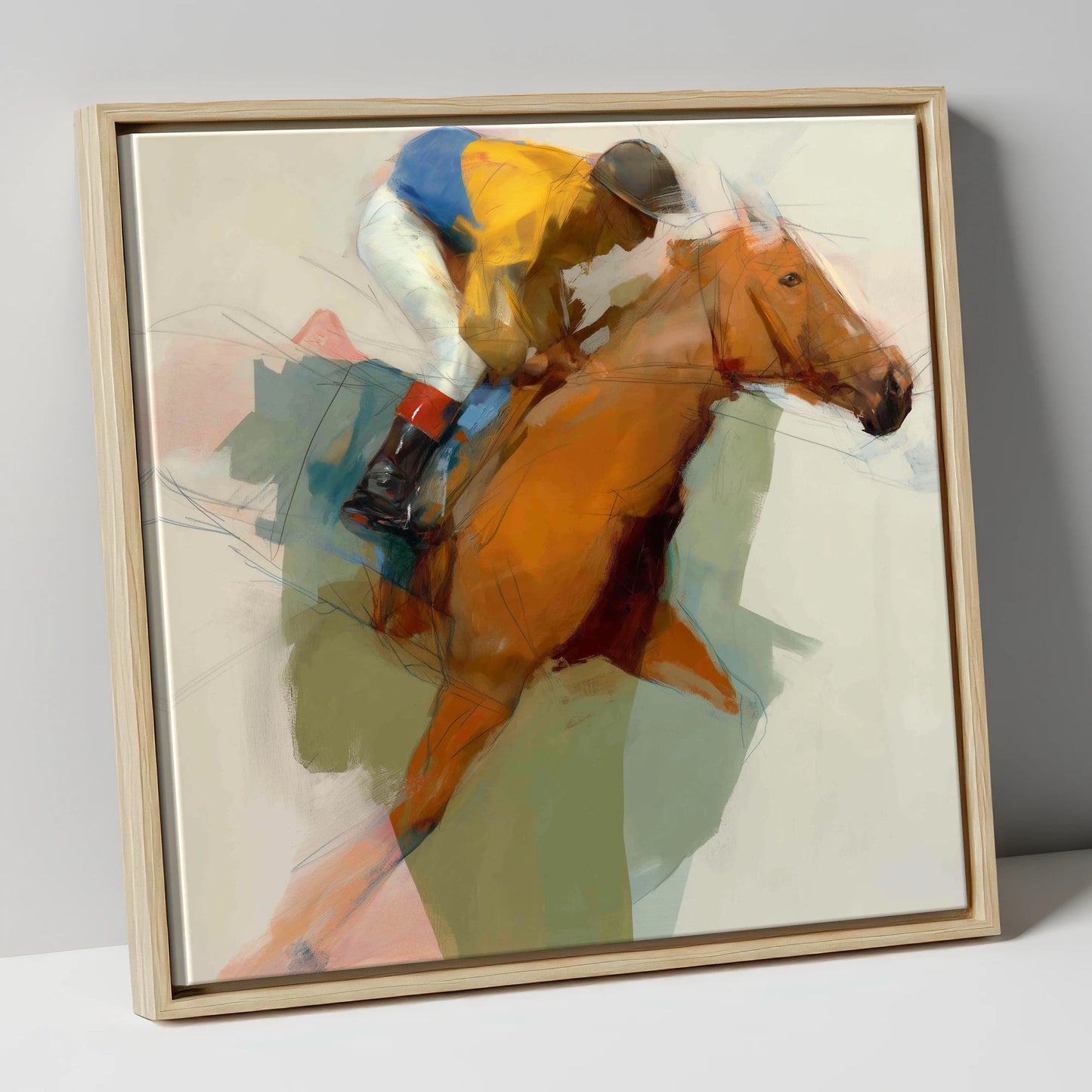 The Front Runner racing horse canvas wall art in natural frame