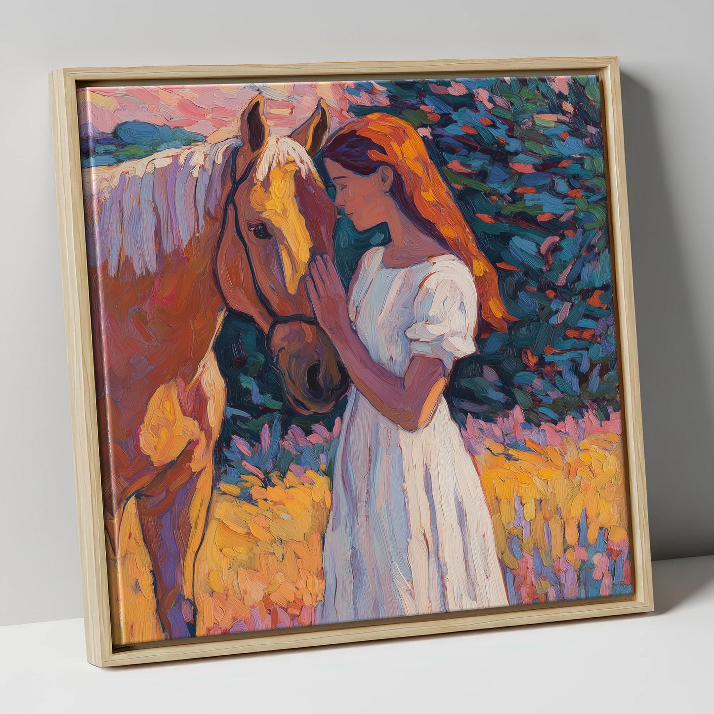 A Quiet Connection horse & rider canvas wall art in natural frame