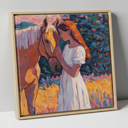 A Quiet Connection horse & rider canvas wall art in natural frame