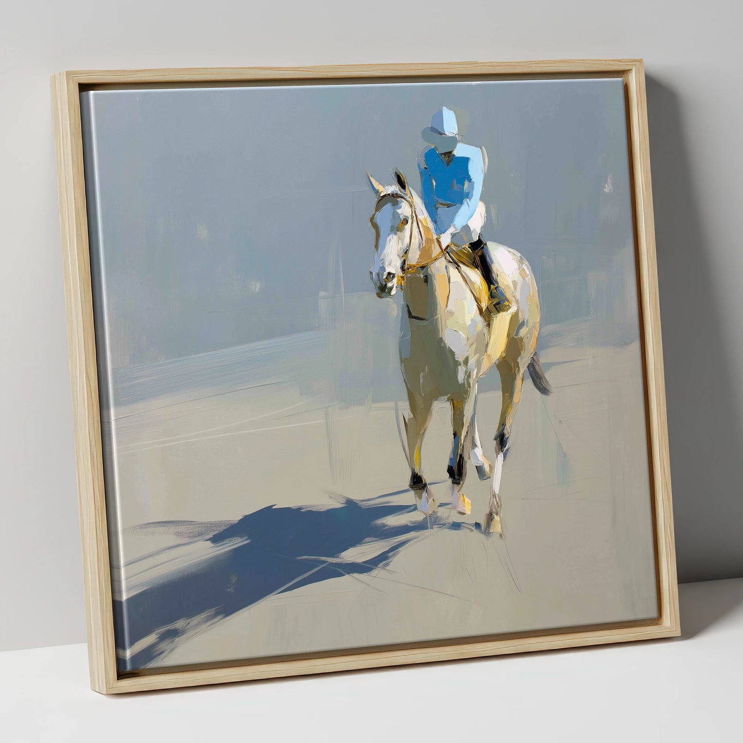 Sunlit Racing Grey racing horse canvas wall art in natural frame