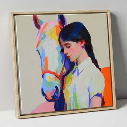 Vibrant Bond horse & rider canvas wall art in natural frame
