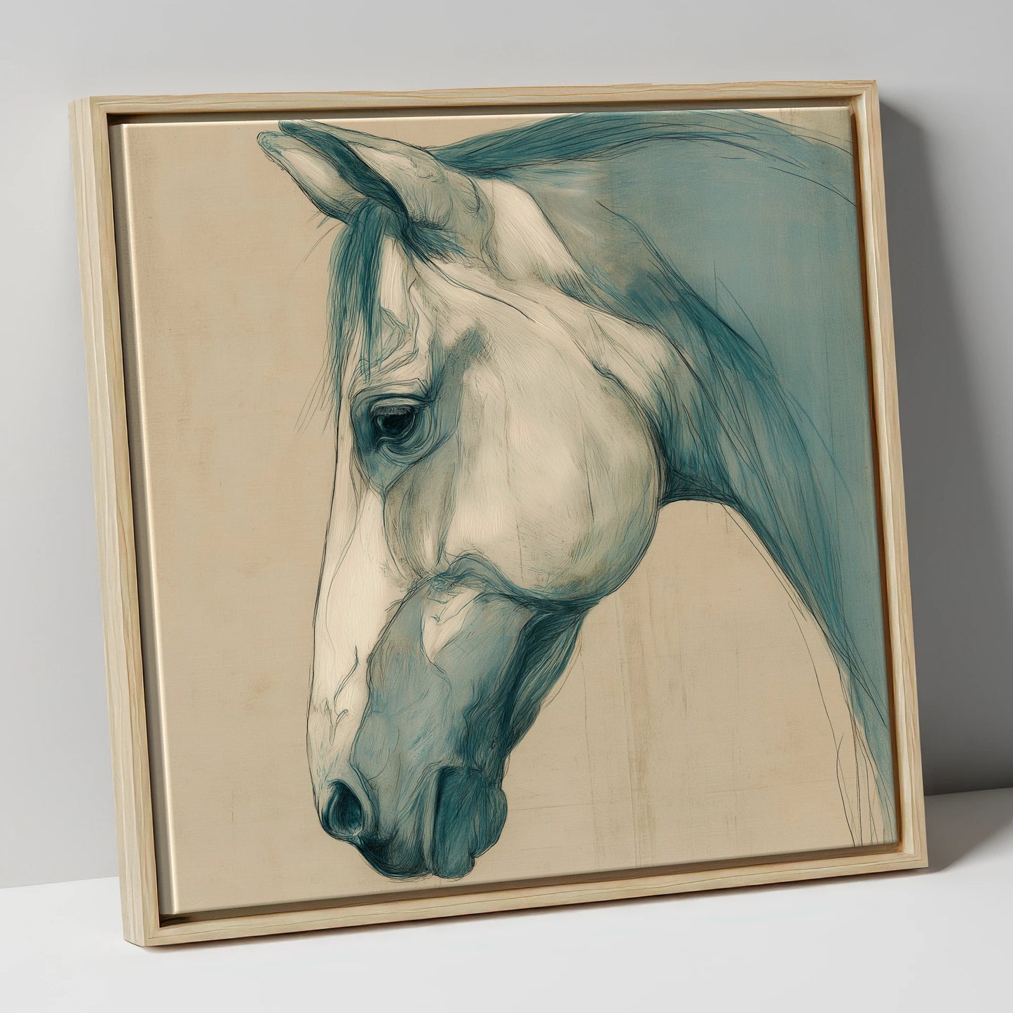 Teal Wash Portrait horse portrait canvas wall art in natural frame