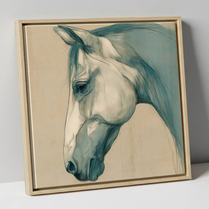 Teal Wash Portrait horse portrait canvas wall art in natural frame