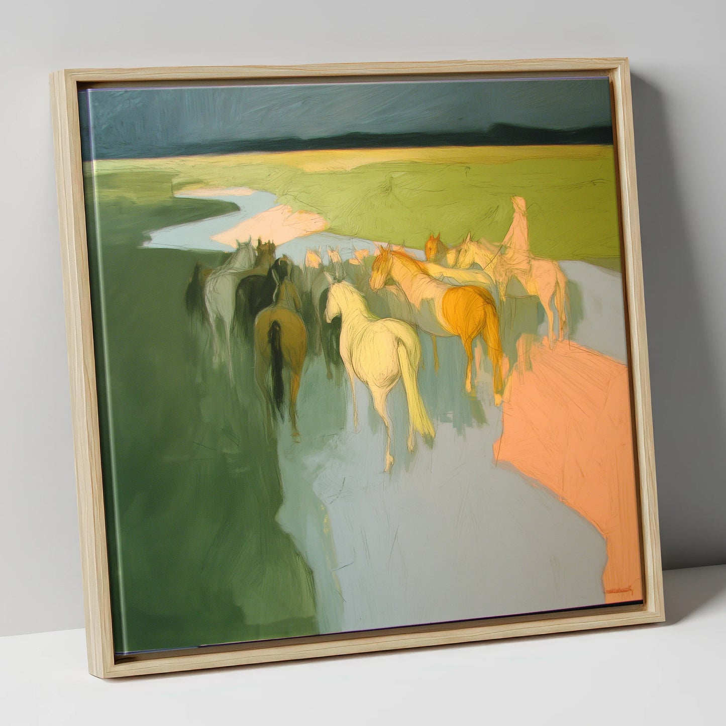 The River Crossing horse landscape canvas wall art in natural frame