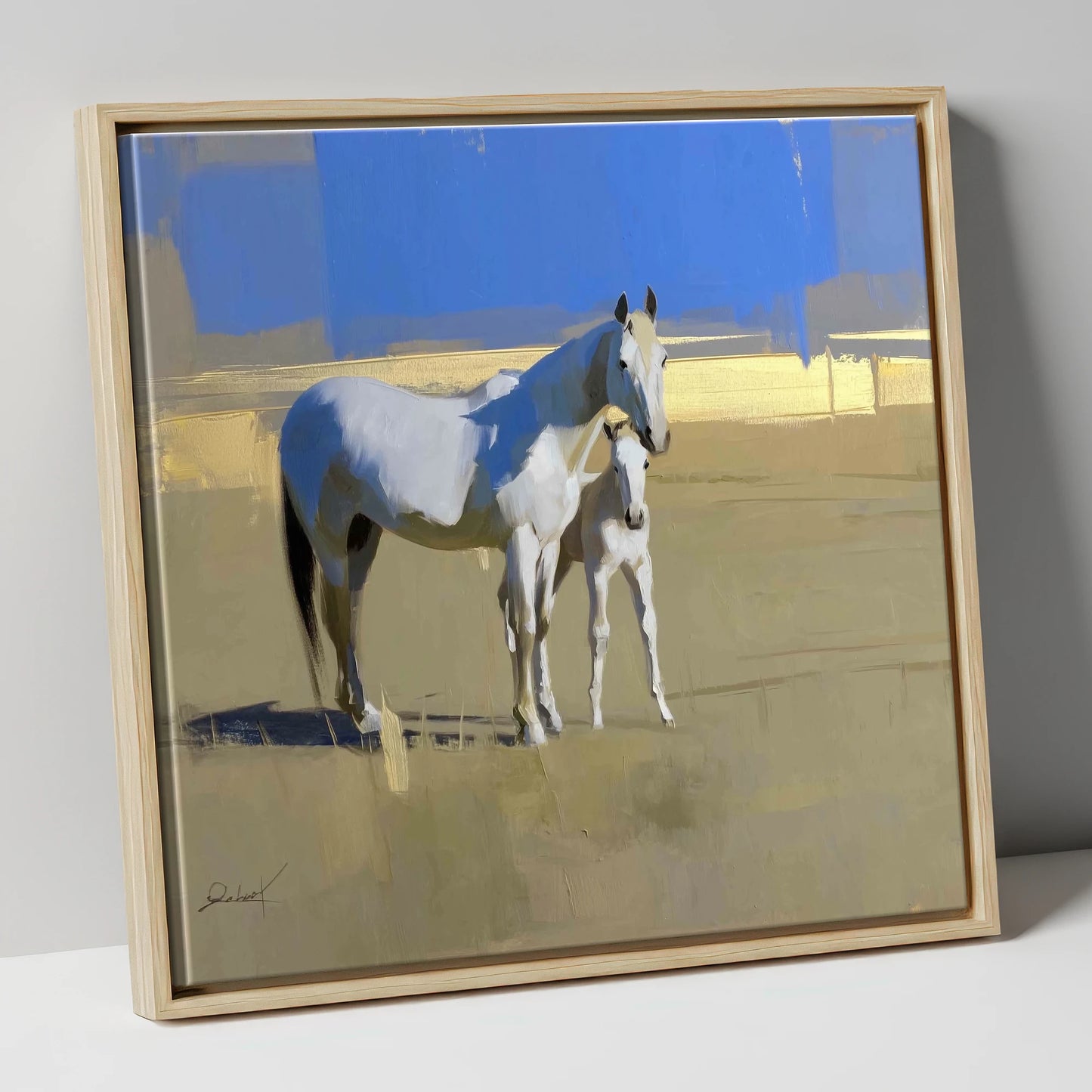 Midsummer Greys mare & foal canvas wall art in natural frame