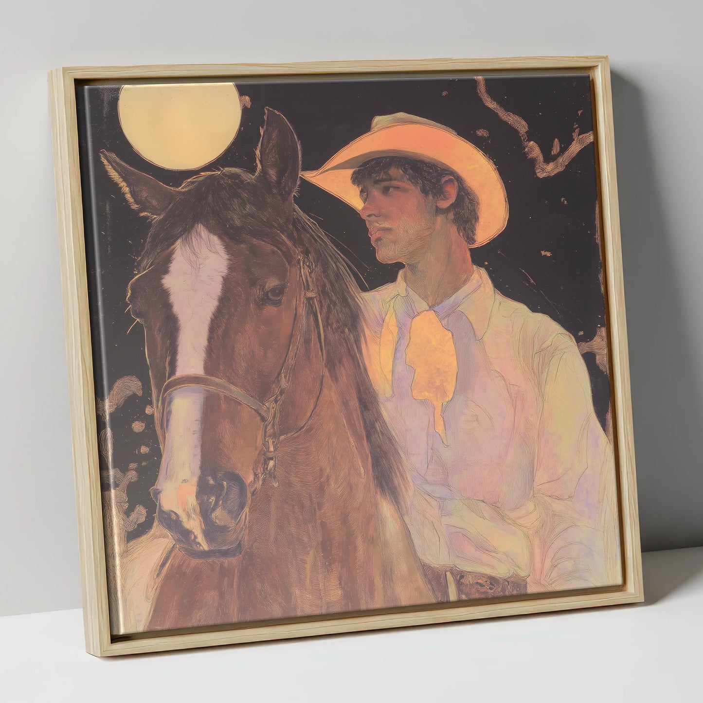 Under the Prairie Moon western horse canvas wall art in natural frame