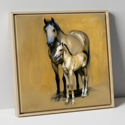 A Mother's Watch mare & foal canvas wall art in natural frame