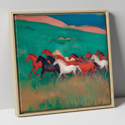 Crimson and Emerald Herd wild horses canvas wall art in natural frame
