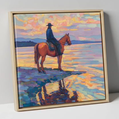 Solitary Sunset Ride beach horse canvas wall art in natural frame