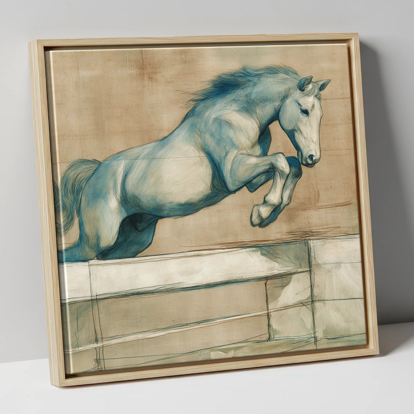 Airborne Grace show jumping horse canvas wall art in natural frame