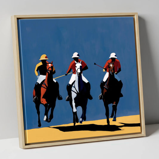 High Goal Charge polo horse canvas wall art in natural frame
