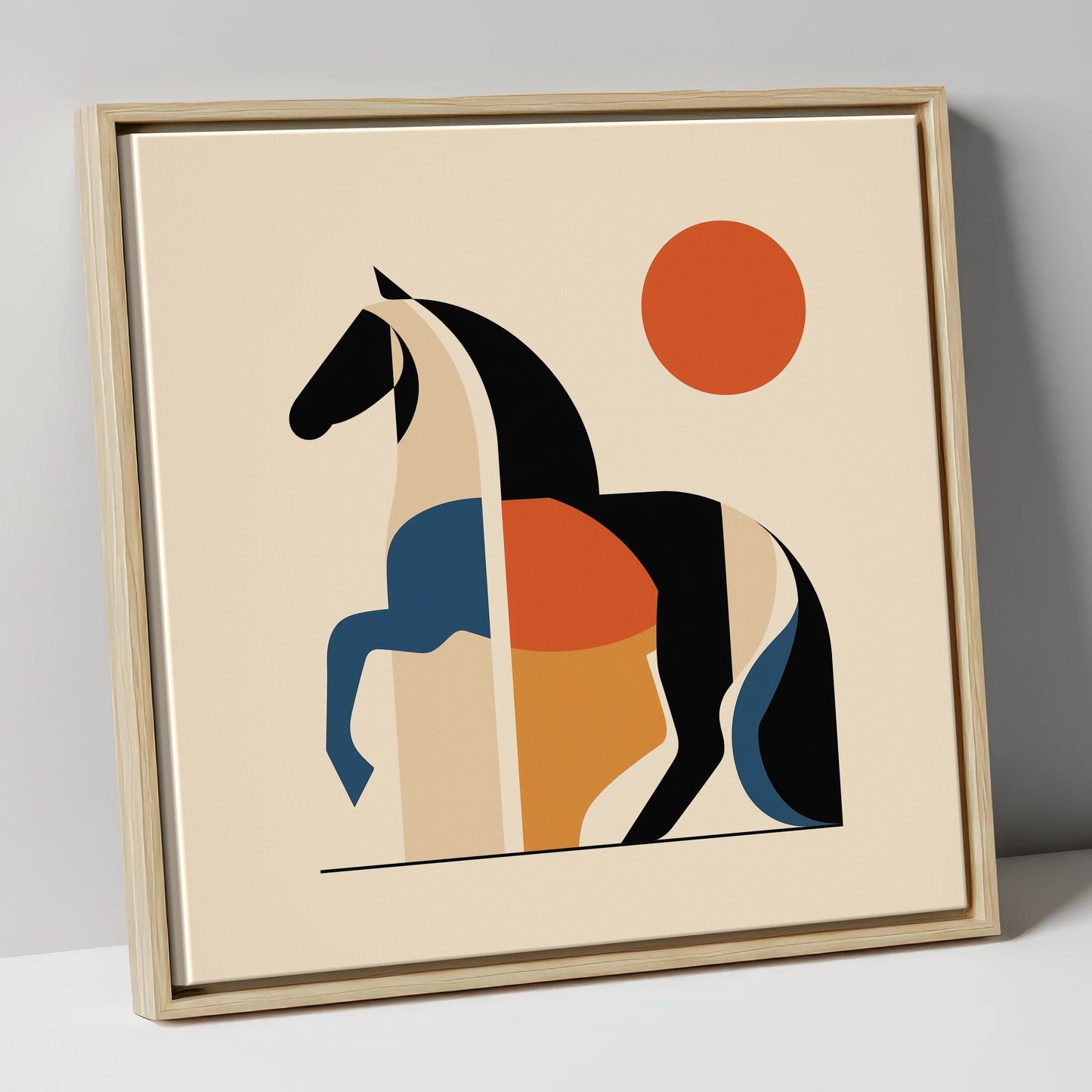 Mid-Century Equine Geometry horse portrait canvas wall art in natural frame