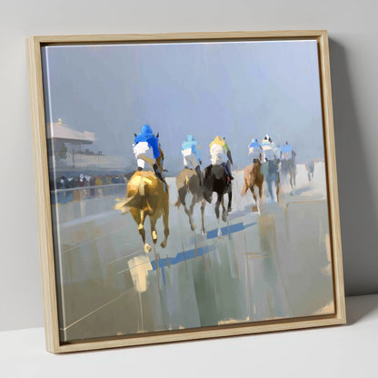 Into the Mist racing horse canvas wall art in natural frame
