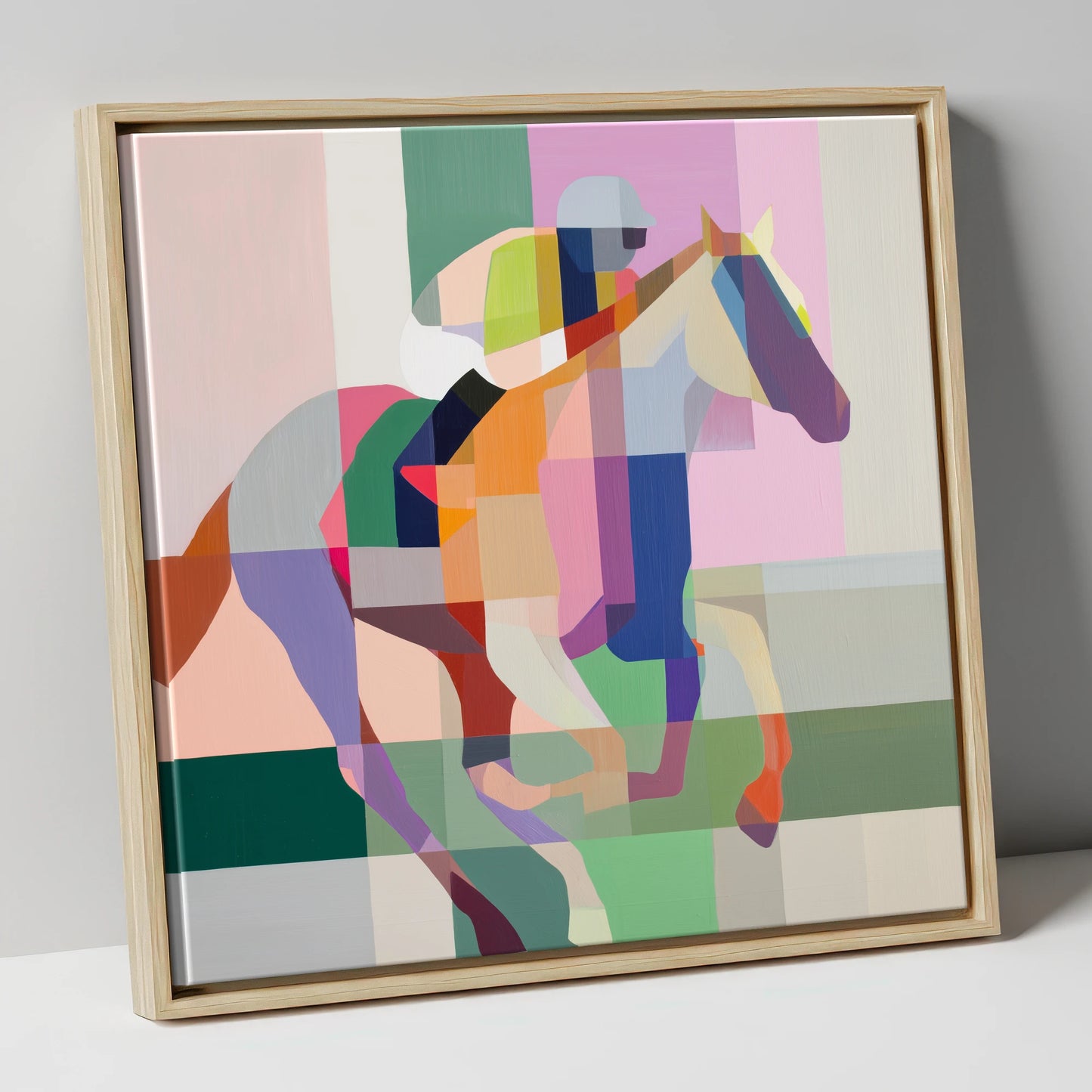 The Prismatic Gallop racing horse canvas wall art in natural frame
