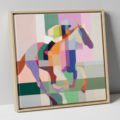 The Prismatic Gallop racing horse canvas wall art in natural frame