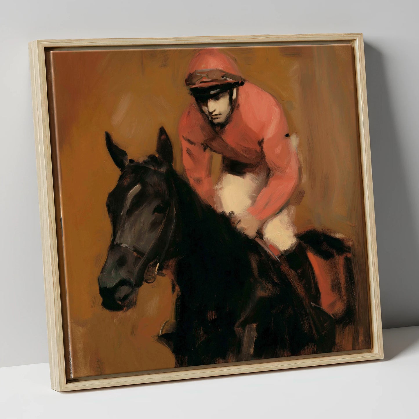 Quiet Anticipation racing horse canvas wall art in natural frame