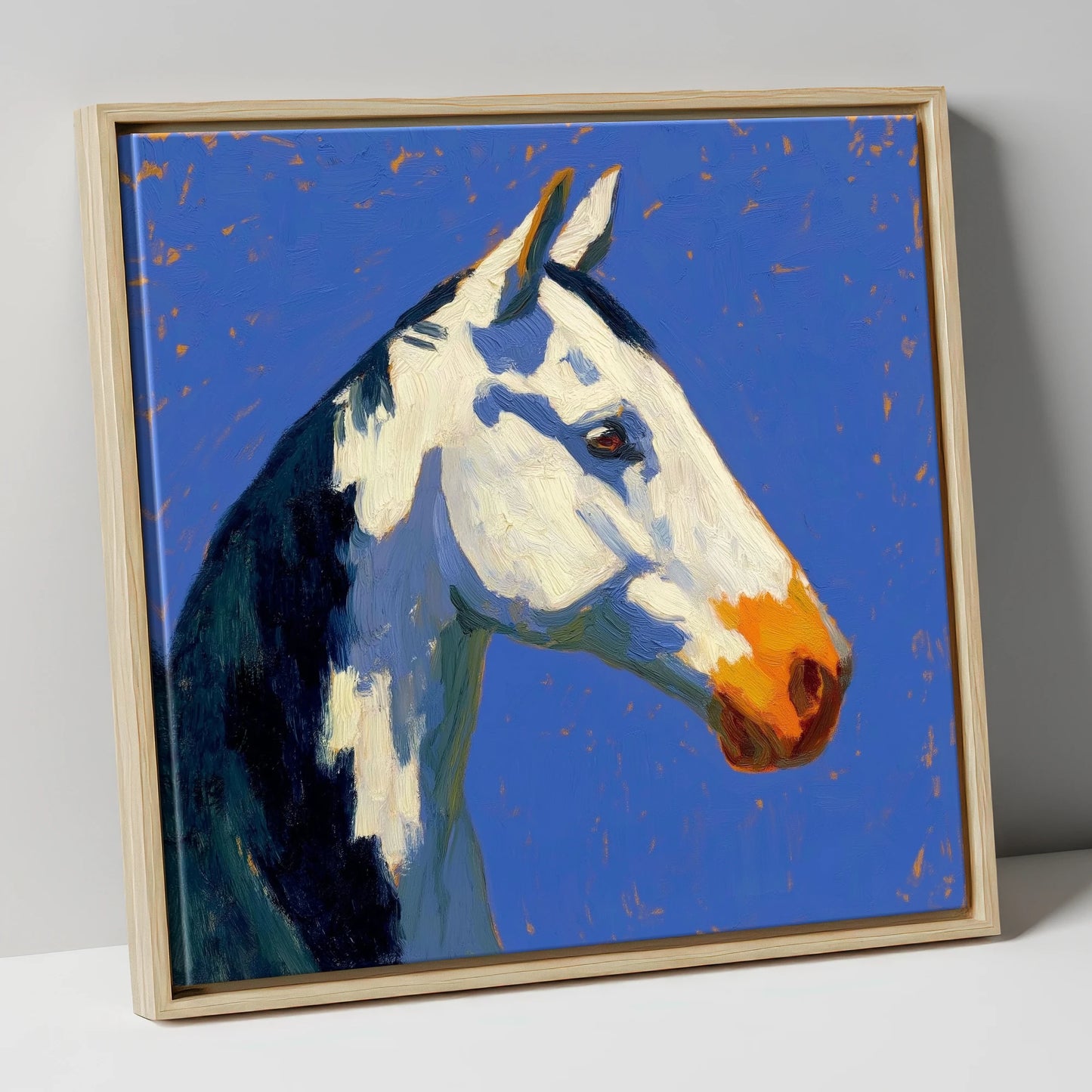 Vibrant Painted Profile horse portrait canvas wall art in natural frame