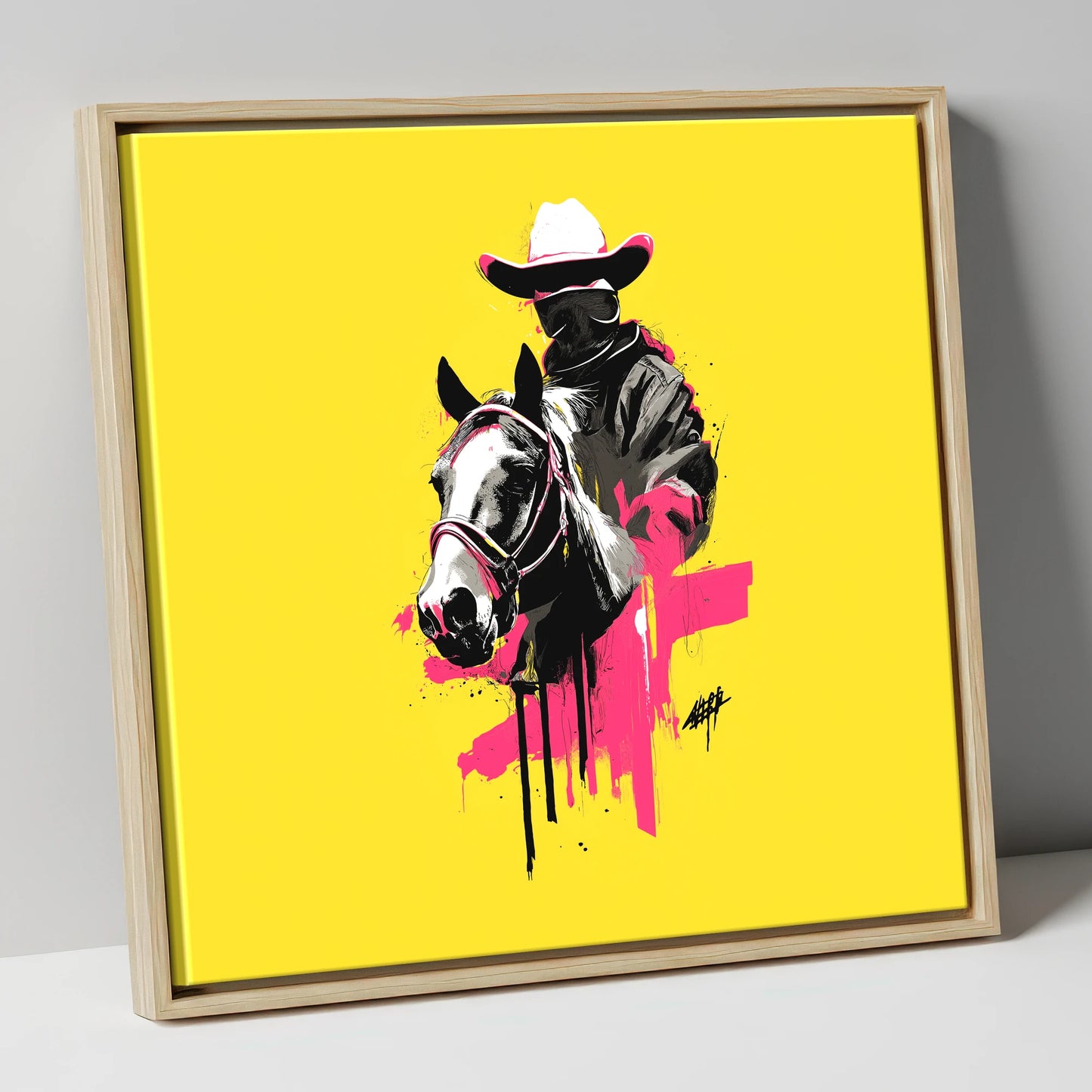Magenta Western Rider western horse canvas wall art in natural frame