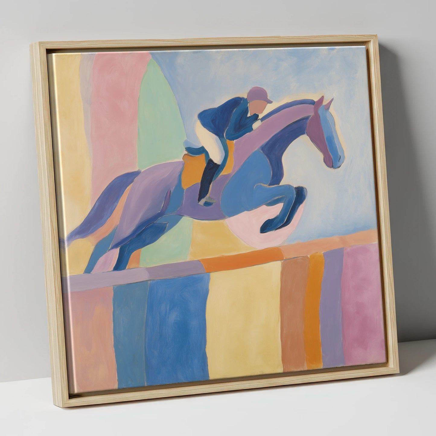 Harmonious Leap show jumping horse canvas wall art in natural frame