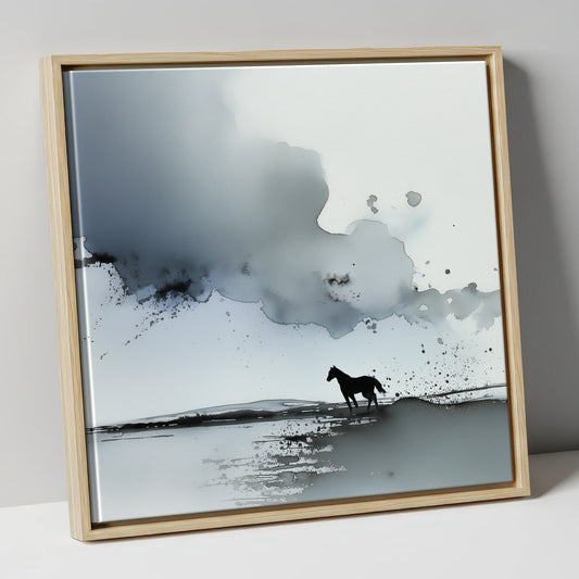 Atmospheric Grey Horizon horse landscape canvas wall art in natural frame