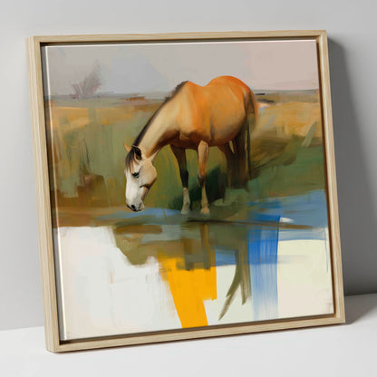 Vibrant Waterside Reflection horse landscape canvas wall art in natural frame