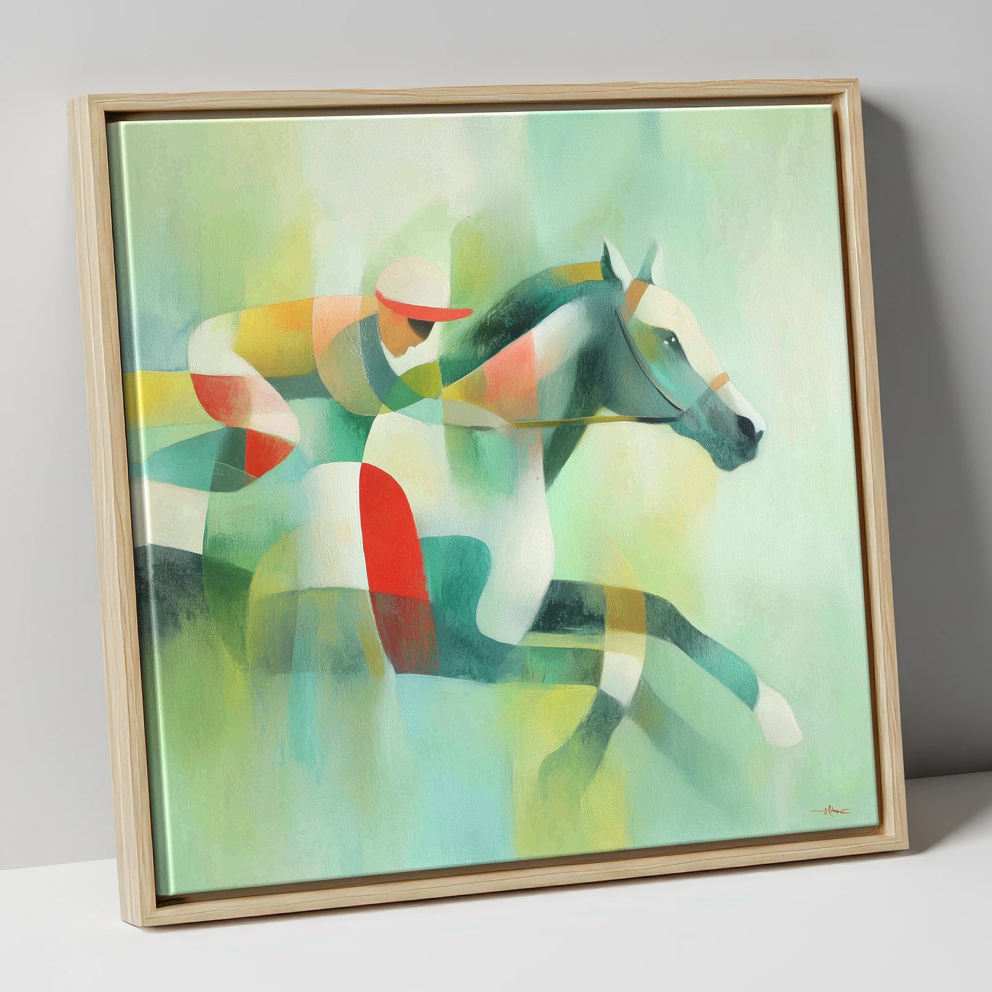 Prismatic Racing Stride racing horse canvas wall art in natural frame