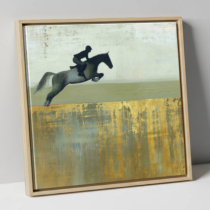 Golden Momentum show jumping horse canvas wall art in natural frame