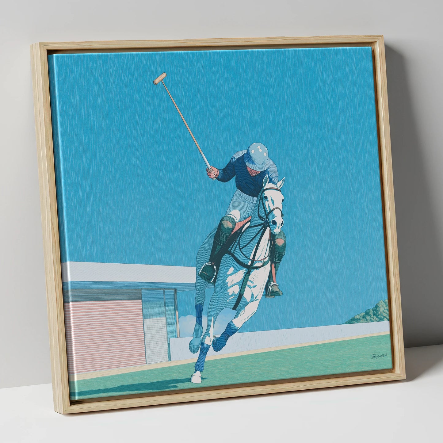 The Azure Chukka polo horse canvas wall art in natural frame