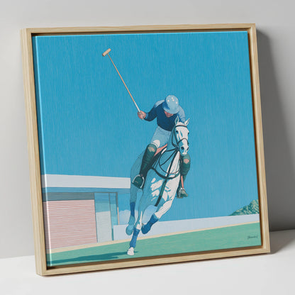 The Azure Chukka polo horse canvas wall art in natural frame