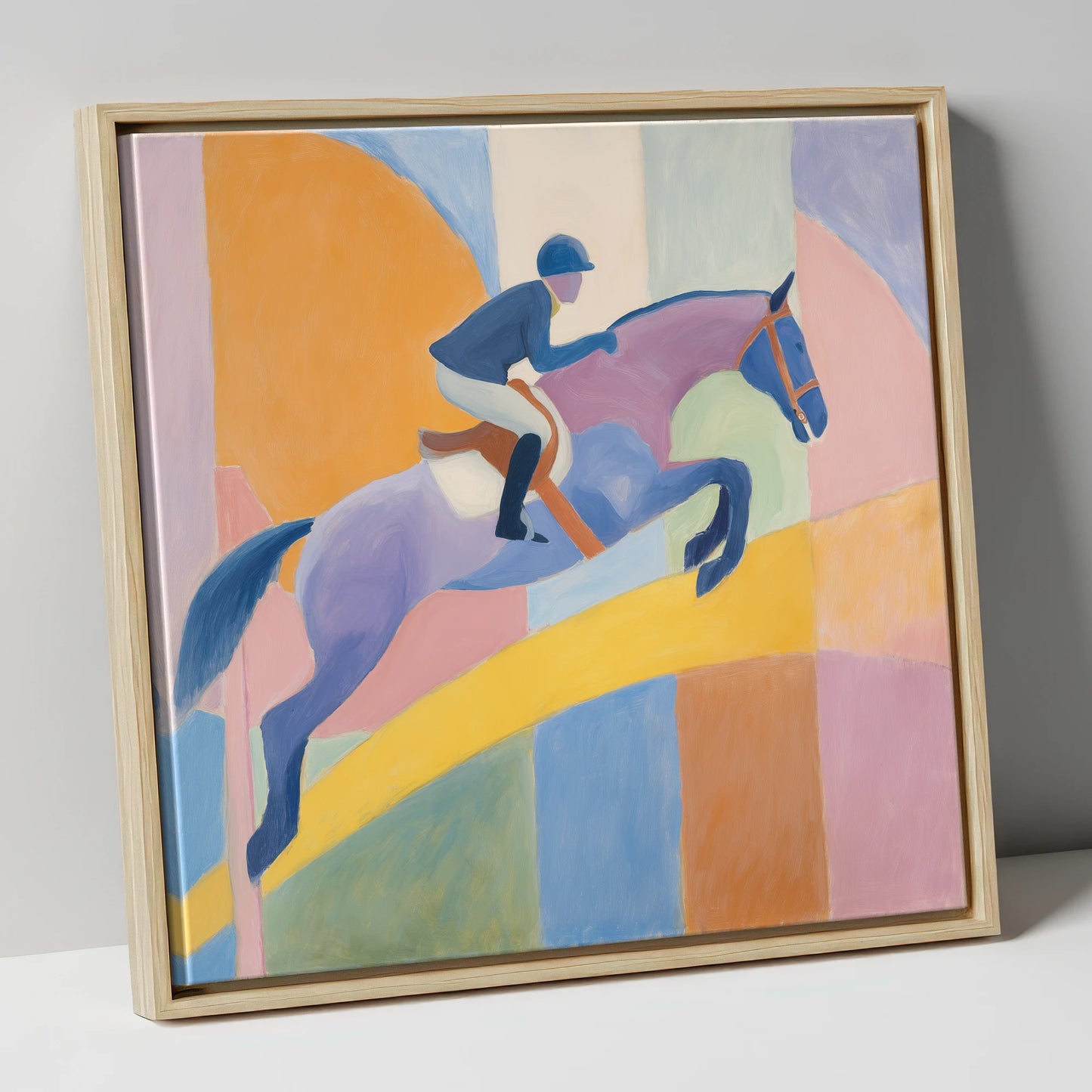 Harmony in Flight show jumping horse canvas wall art in natural frame