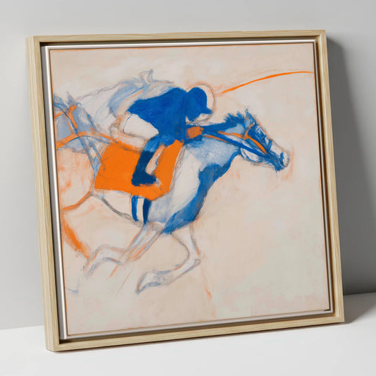 Gallop in Blue racing horse canvas wall art in natural frame