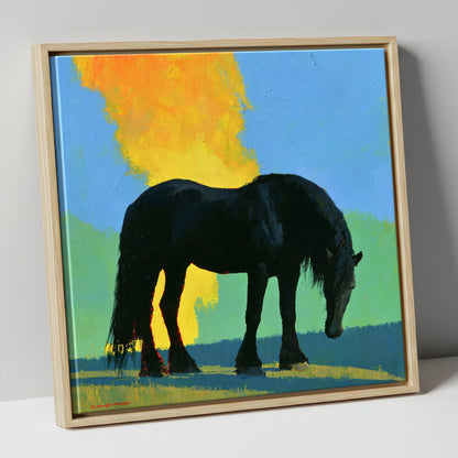 Black Heavy Horse Vibrant Landscape horse breed canvas wall art in natural frame