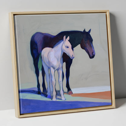 Indigo and Dawn mare & foal canvas wall art in natural frame