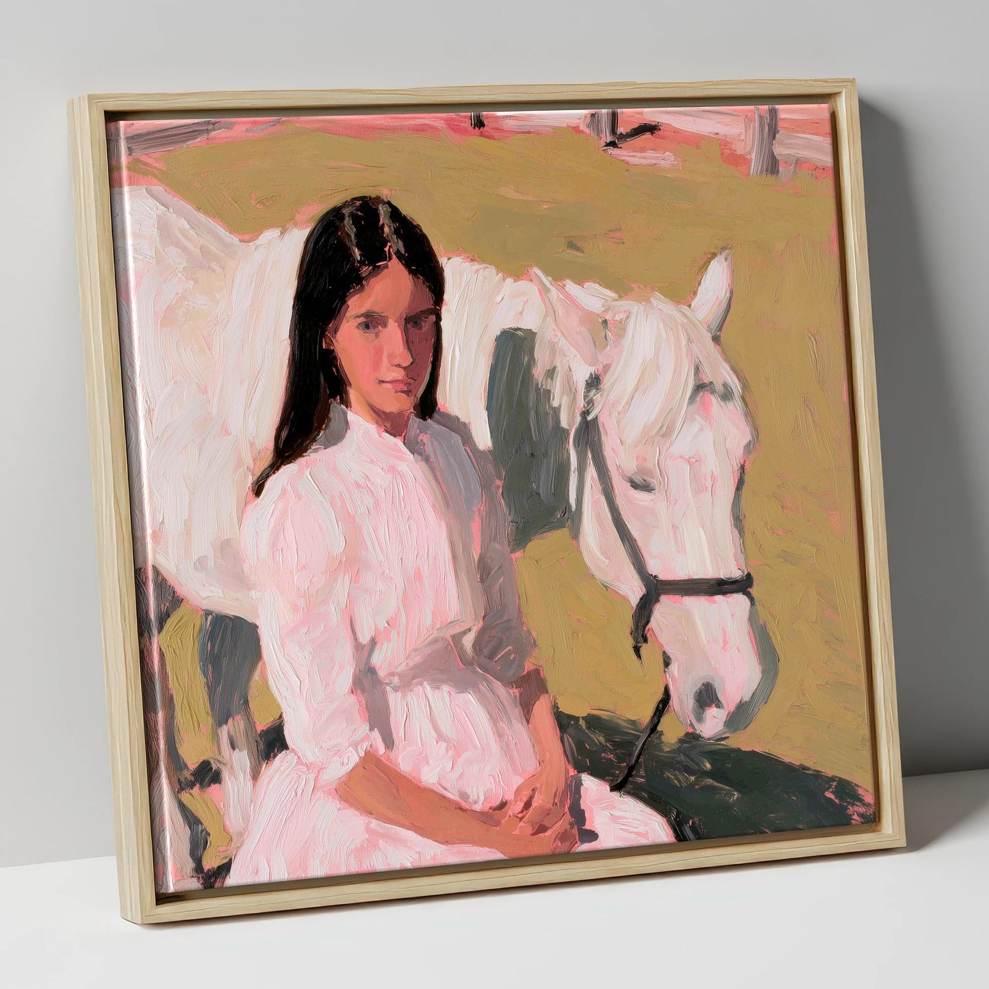 Pastel Companionship horse & rider canvas wall art in natural frame