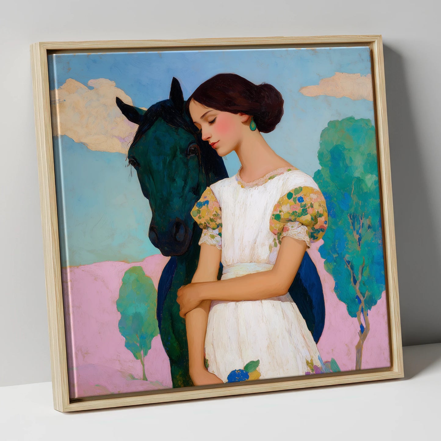 Quiet Colourful Bond horse & rider canvas wall art in natural frame