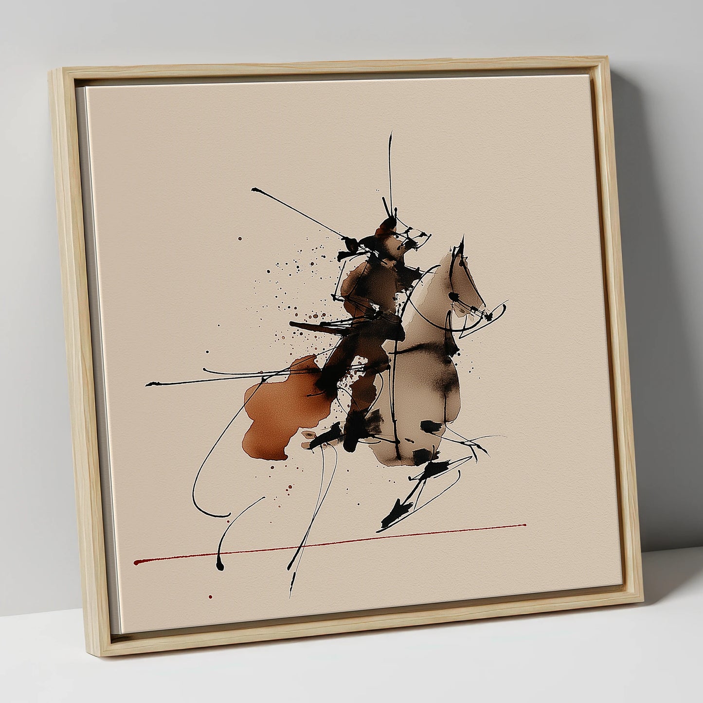 Abstract Momentum in Ink horse & rider canvas wall art in natural frame