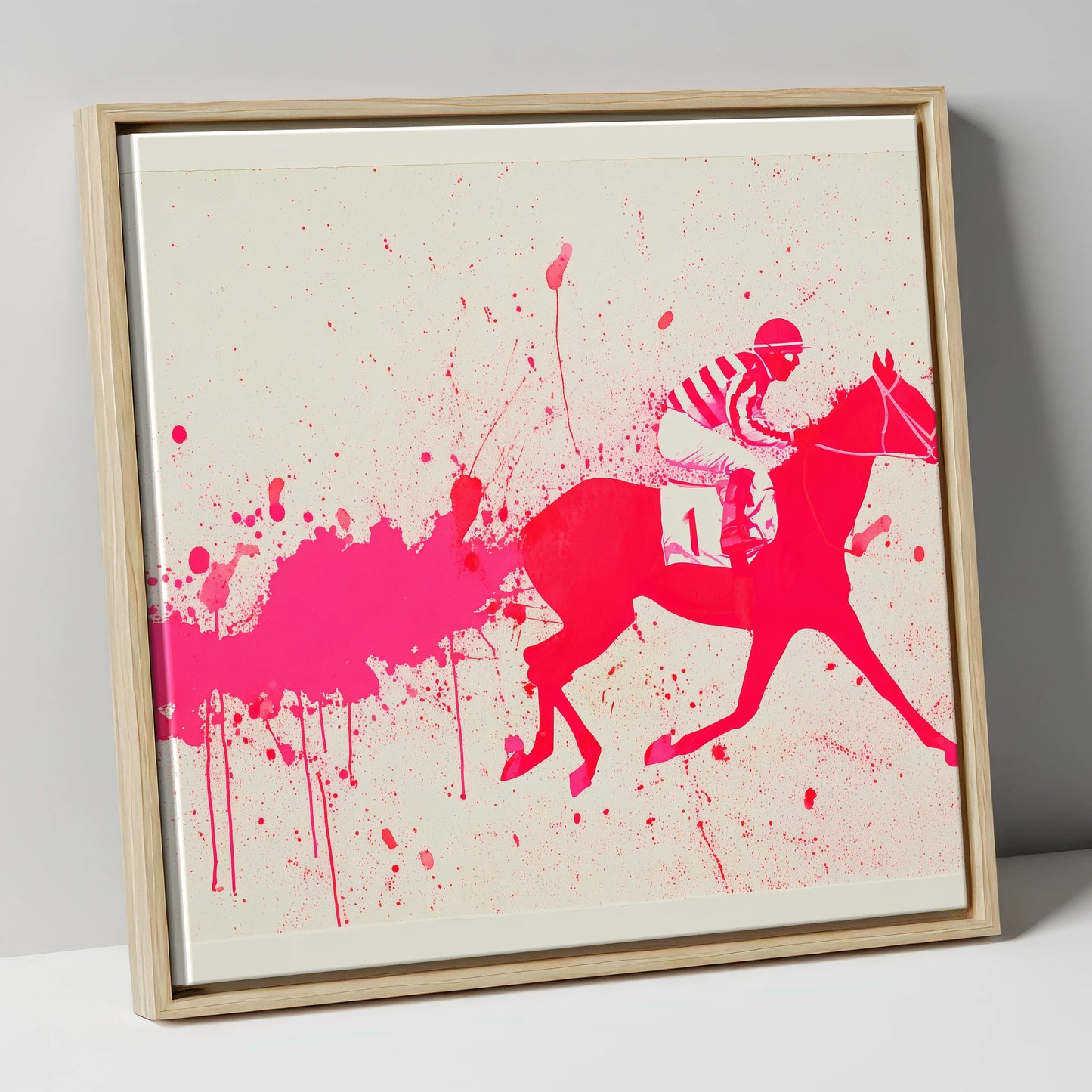 Magenta Racing Surge racing horse canvas wall art in natural frame