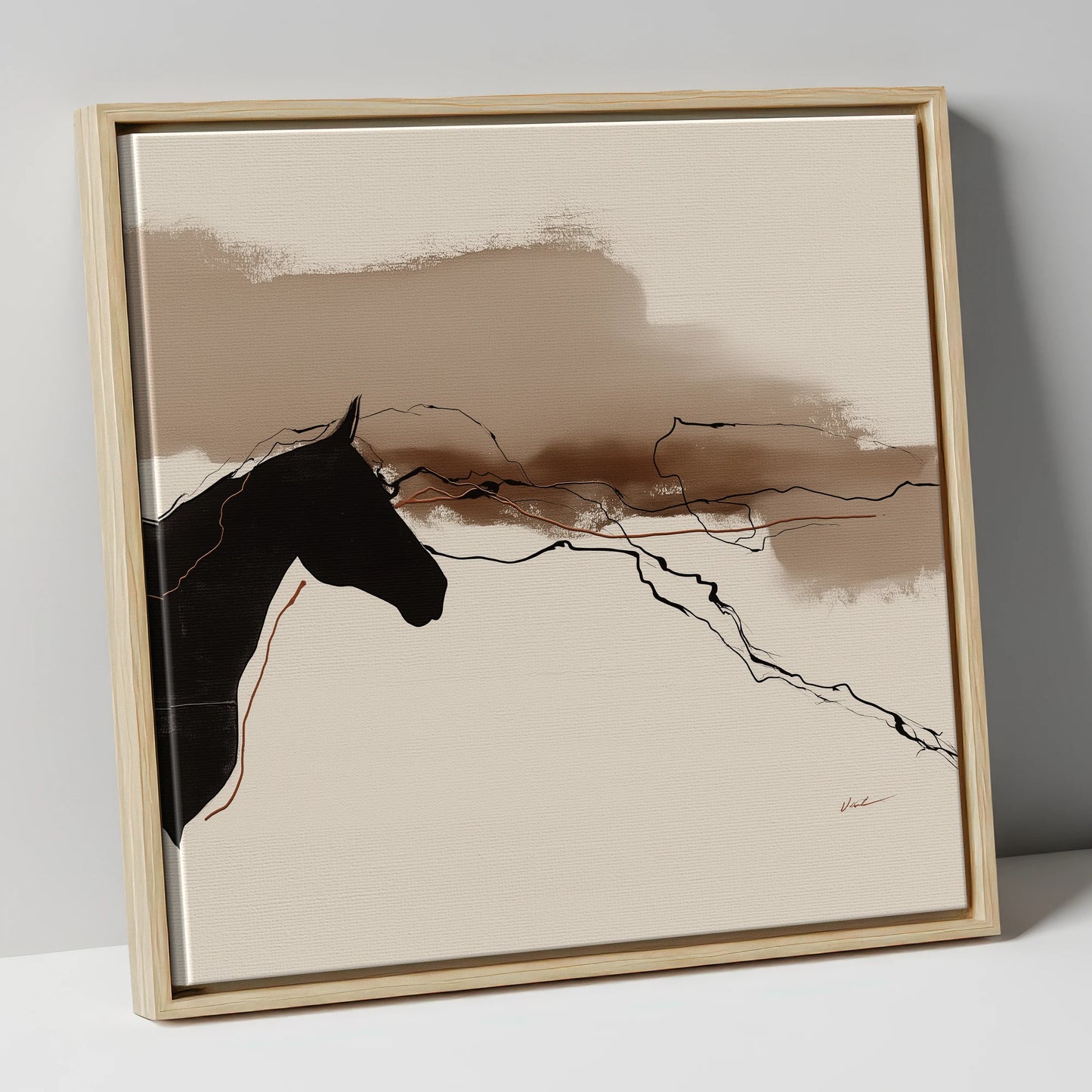Abstract Sepia Silhouette horse portrait canvas wall art in natural frame
