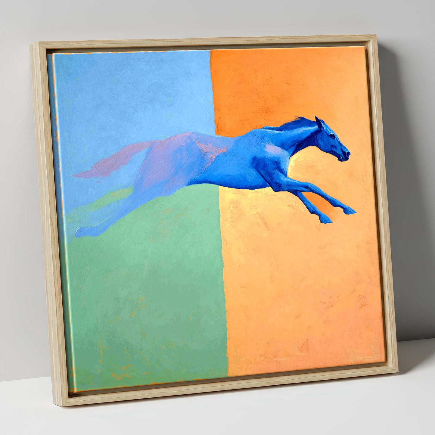 Cobalt Stretch racing horse canvas wall art in natural frame